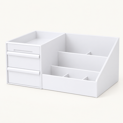 White stepped desk makeup organizer with two drawers and a stacked insert