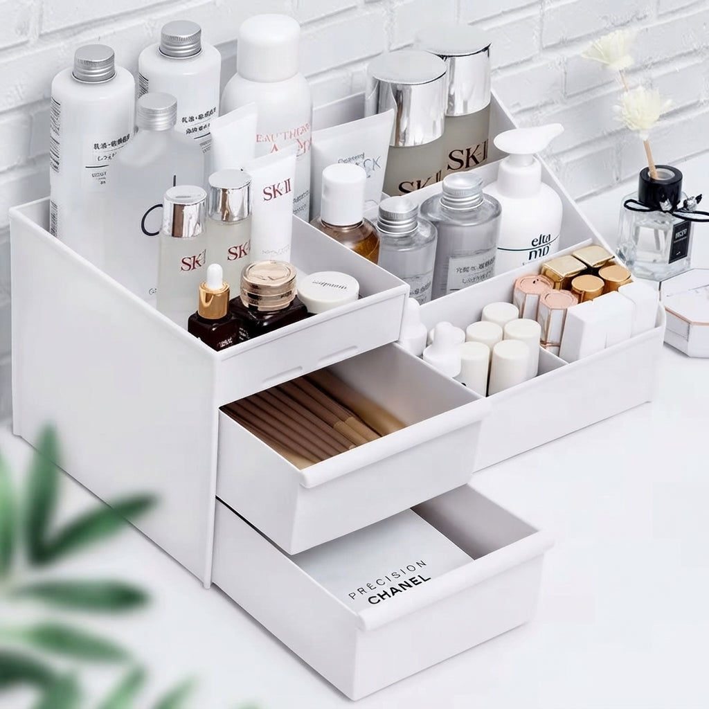 White makeup organizer with open drawers and multiple angled slots for bottles