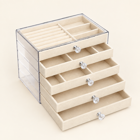 Beige 5-drawer acrylic jewellery box with clear top and faceted crystal knobs