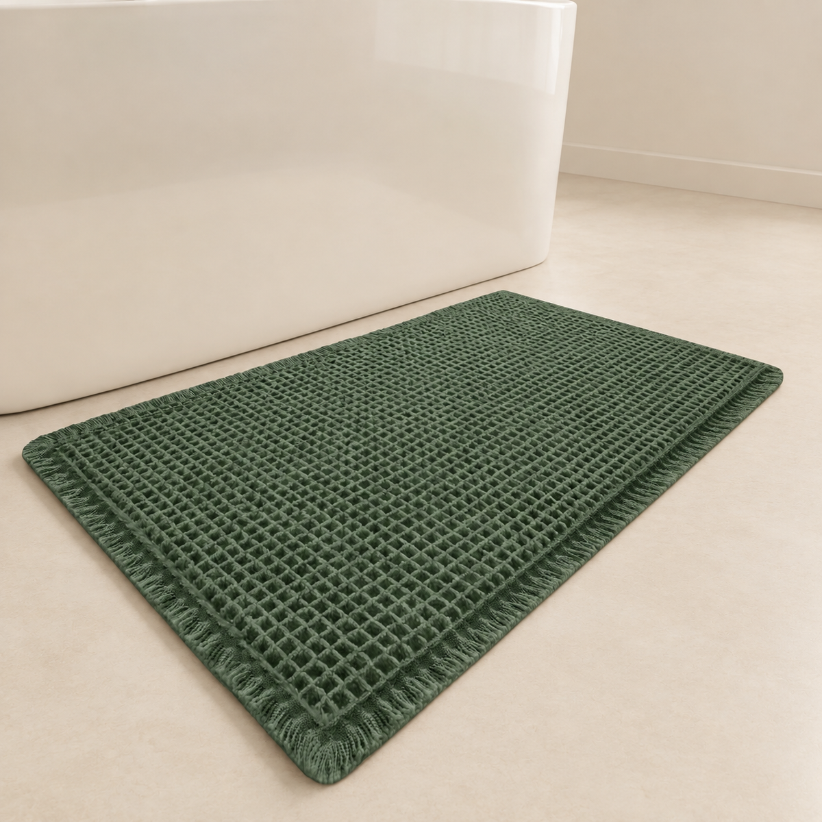 Green waffle bath mat with fringed corners and non-slip backing