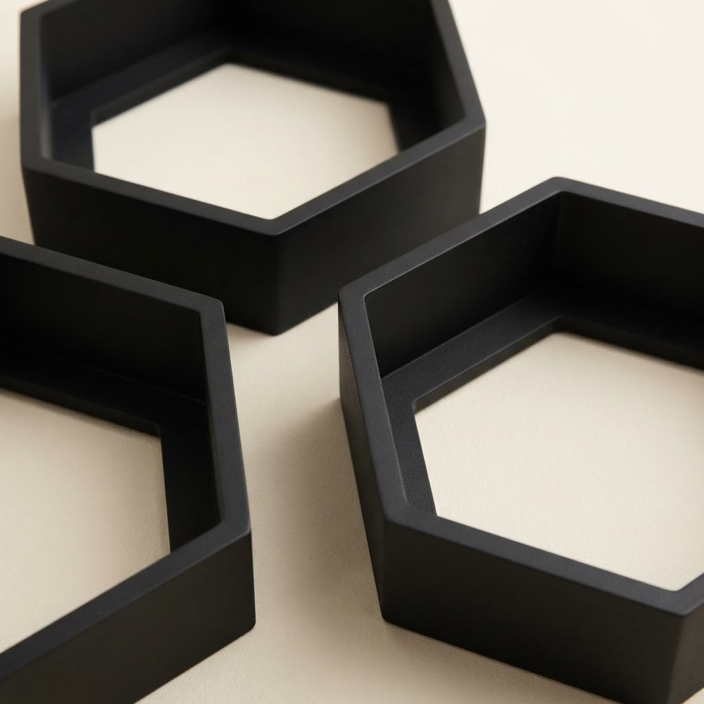 Black hexagon floating wall shelf set, three open hexagon compartments