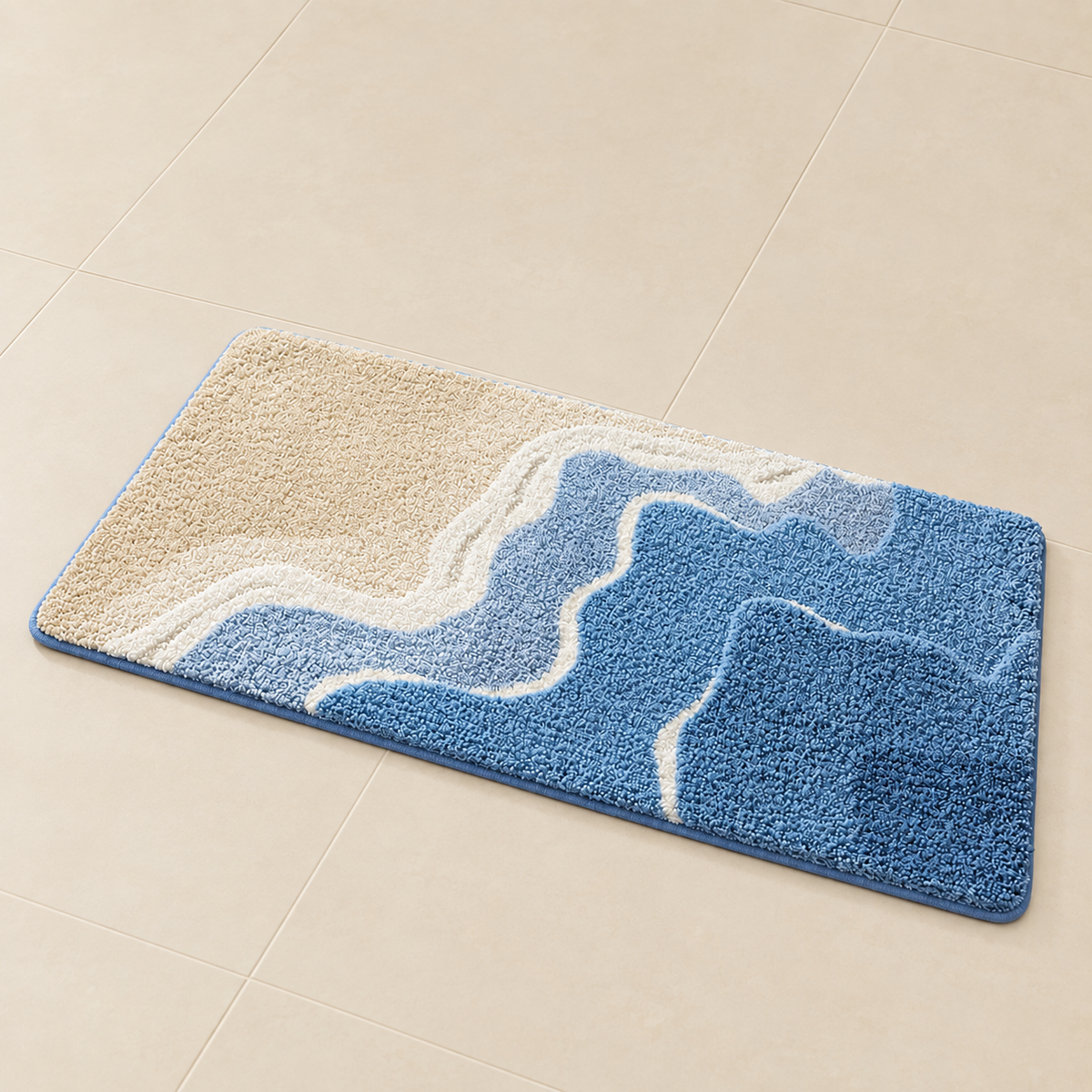 Fowey beach wave microfibre non-slip bath mat, coastal wave pattern in blue and beige