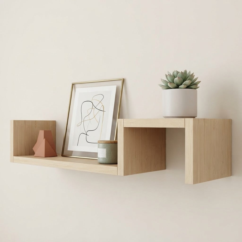 Natural wood geometric wall shelf with open cubby and side wall
