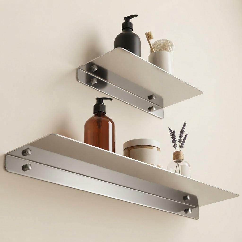 Two brushed stainless steel floating shelves with side brackets for bathroom storage.