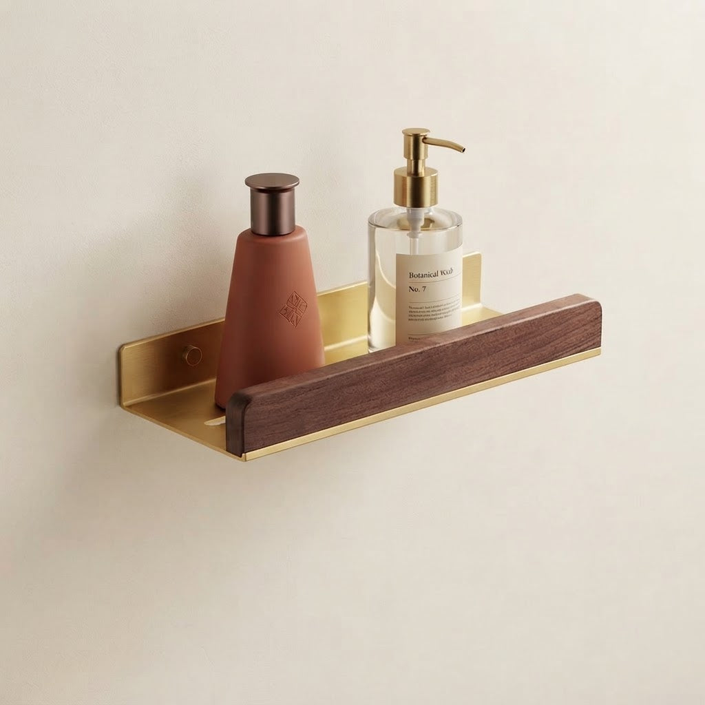 Walnut wood bathroom floating shelf with bottles on light gold backboard