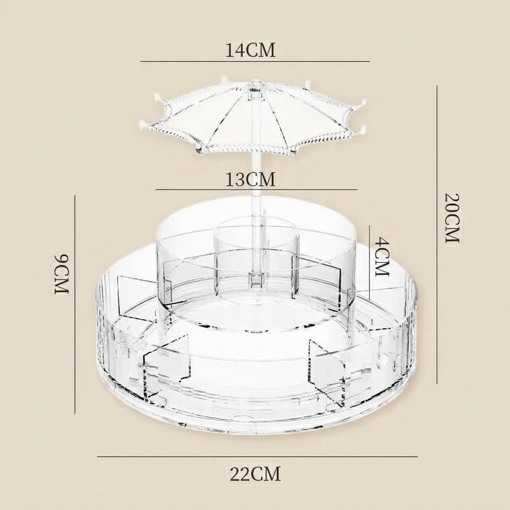 Rotating clear acrylic makeup organizer with umbrella-style top and tiered compartments, size guide
