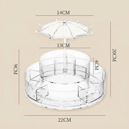Rotating clear acrylic makeup organizer with umbrella-style top and tiered compartments, size guide