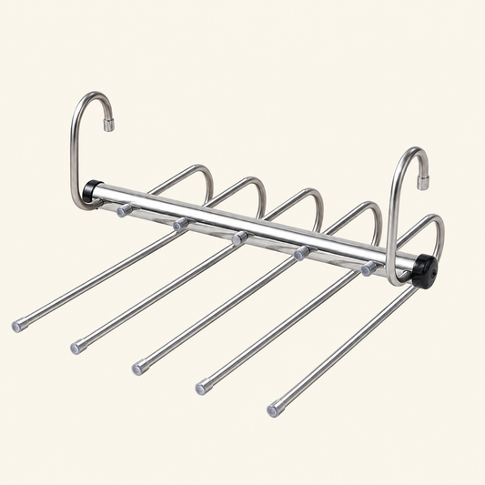 Stainless steel double hook clothes hanger with 5 parallel bars and rounded end hooks
