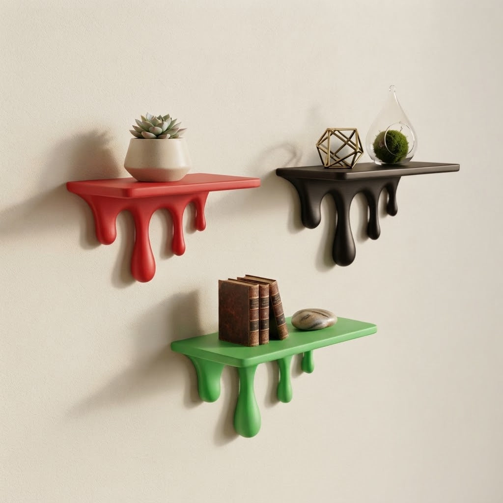 Set of floating wall shelves in red, black, and green with dripping legs