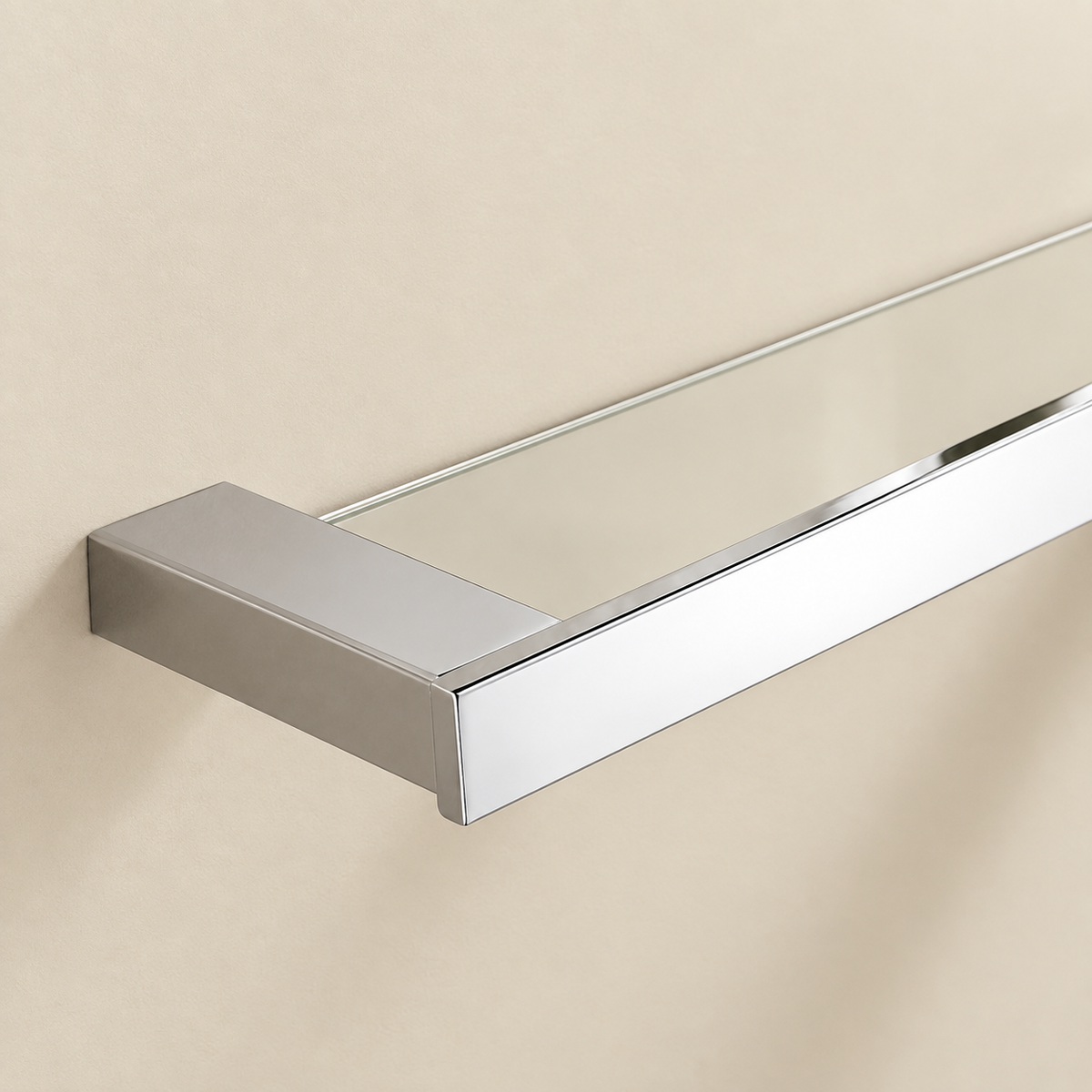 Kilor floating glass shelf close-up of stainless steel frame and glass edge
