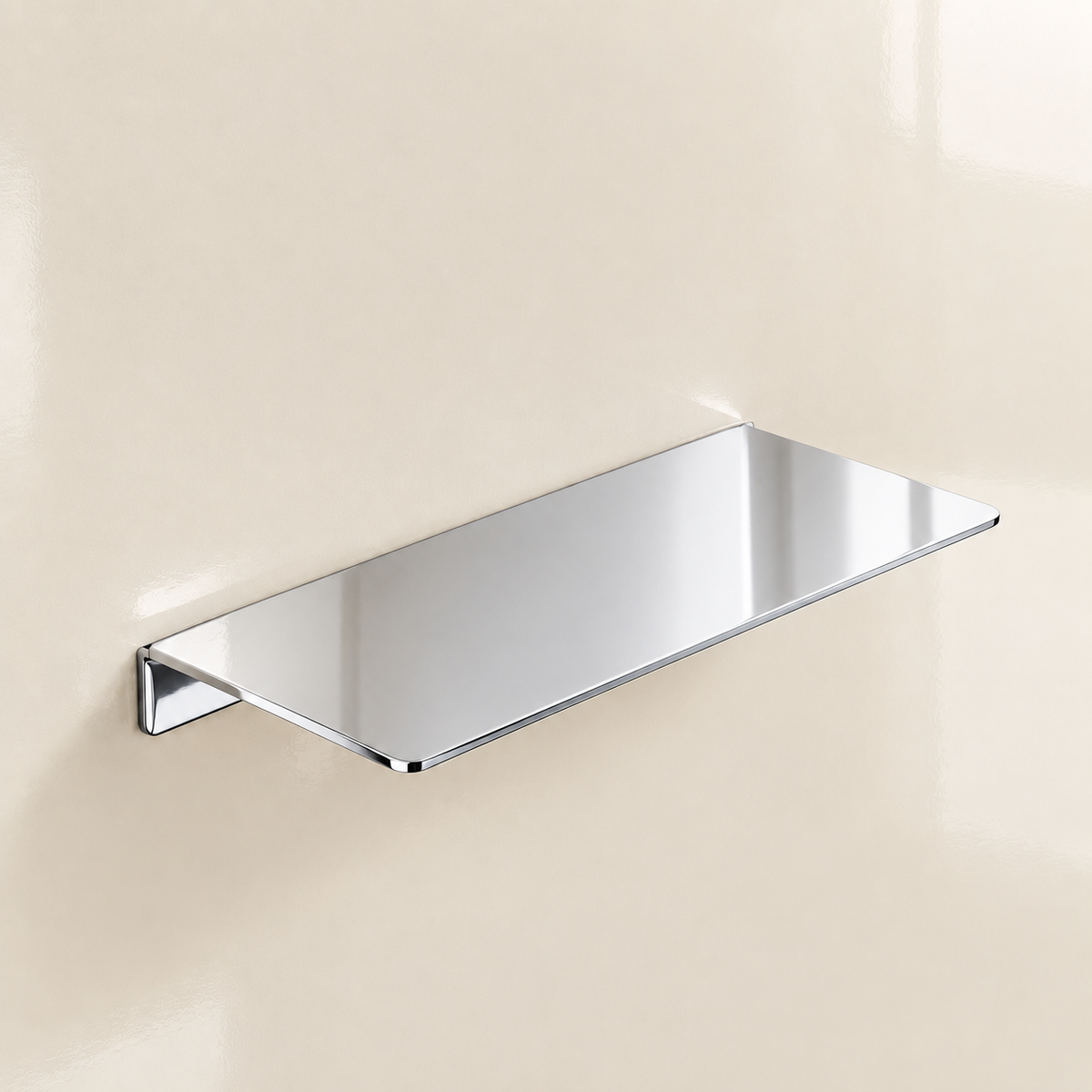 Chrome floating stainless steel shelf with reflective rectangular ledge and side supports.