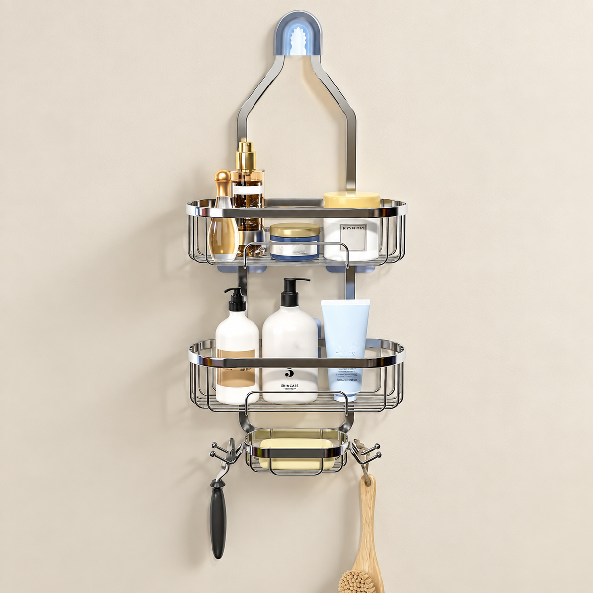 Silver hanging shower head caddy with two-tier wire baskets and hook accessories