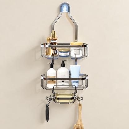 Silver hanging shower head caddy with two-tier wire baskets and hook accessories