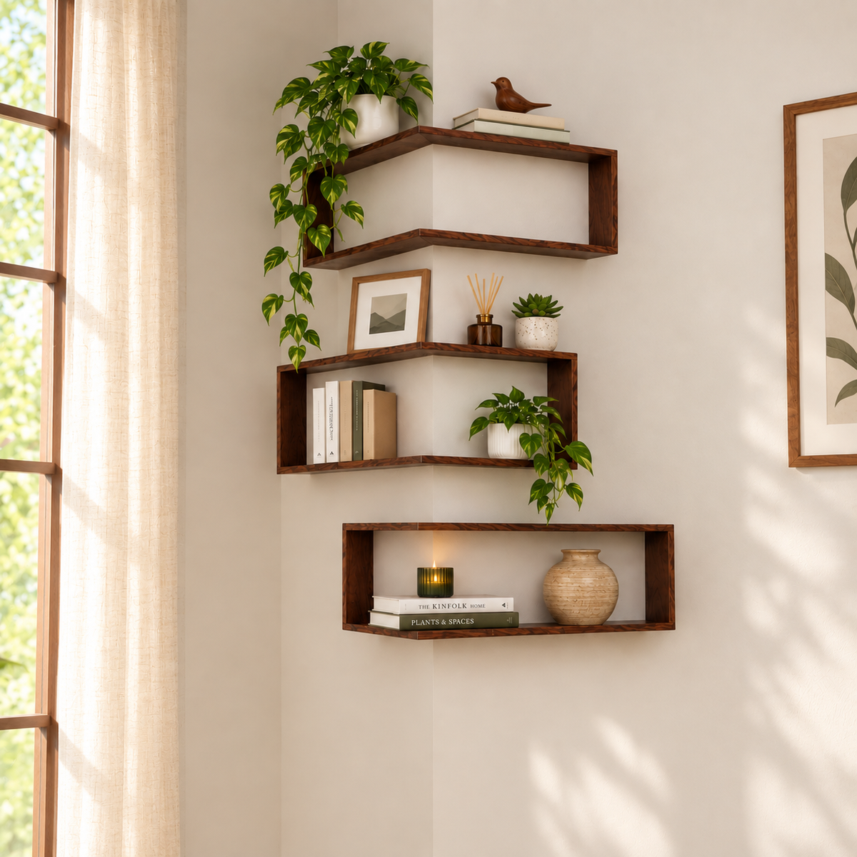 Dark brown corner floating wooden shelves with stepped tiers and plant decor