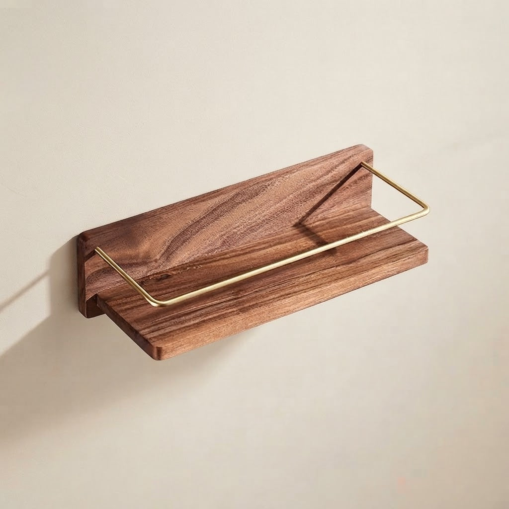 Brown solid wood floating shelf with gold-tone metal rail and open back bracket