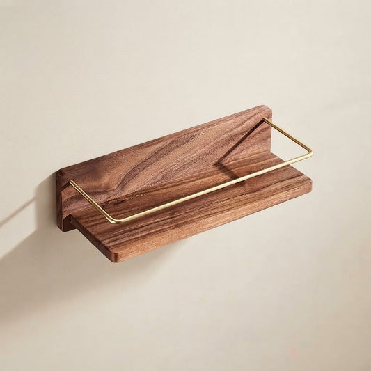 Brown solid wood floating shelf with gold-tone metal rail and open back bracket