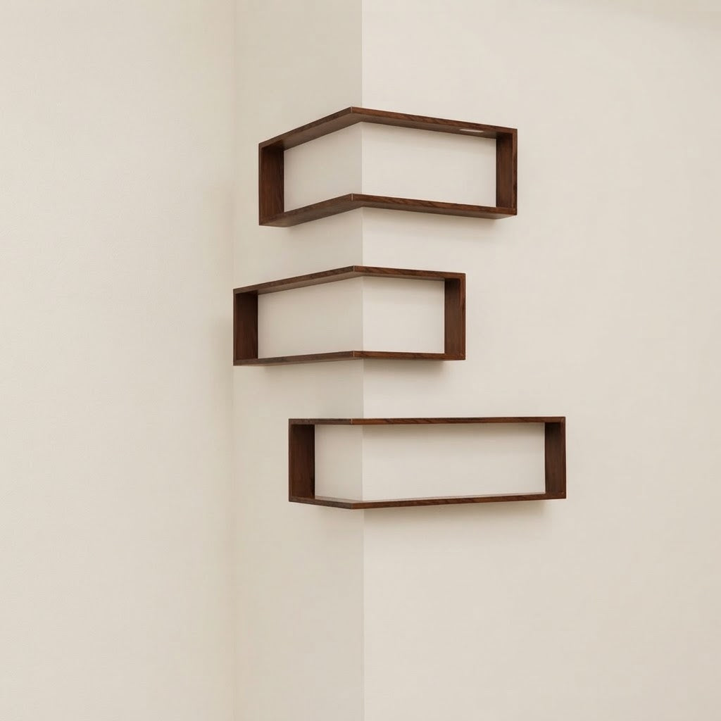 Dark brown corner floating wooden shelves set of three, open rectangular design