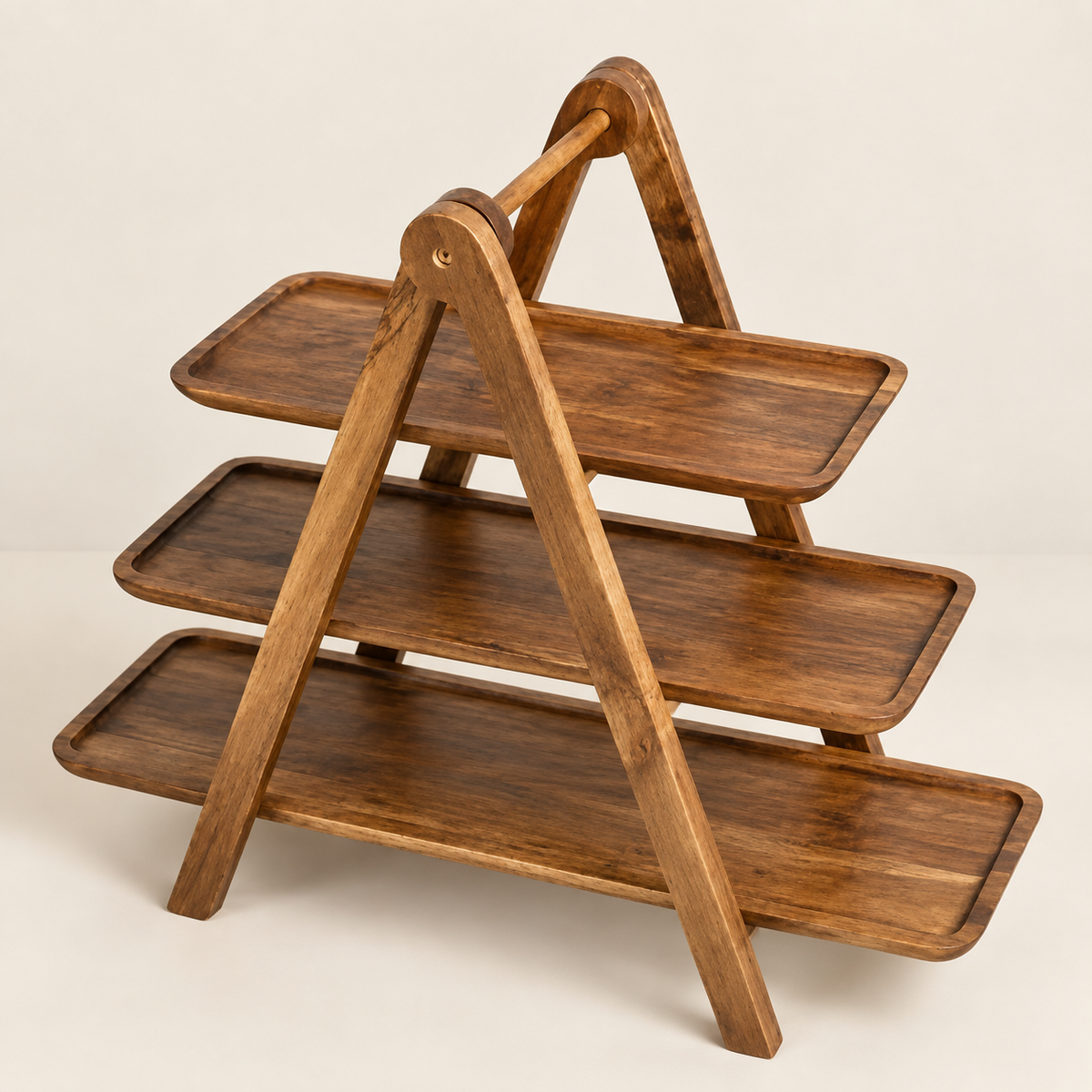 Stained wooden 3-tier kitchen rack with A-frame stand and three shelves