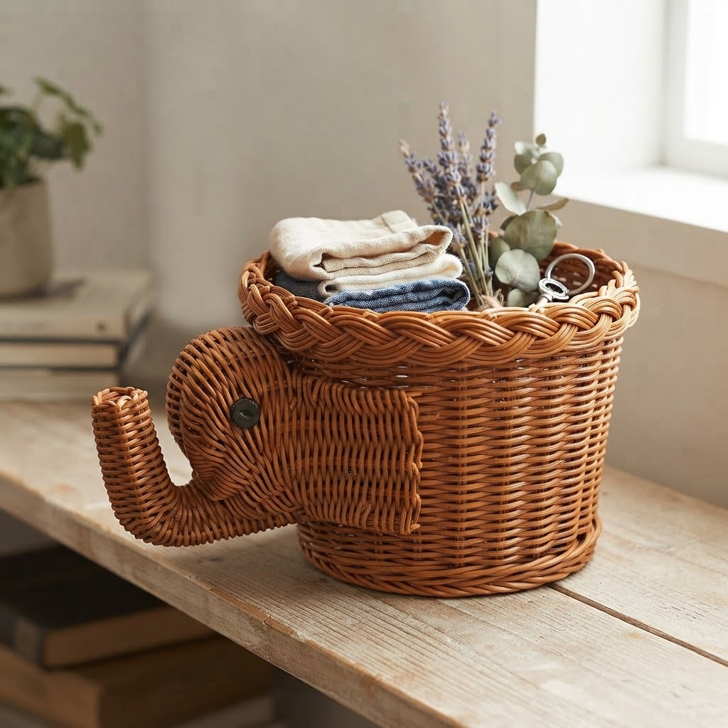 Woven bamboo animal storage basket with elephant trunk and stitched eye detail