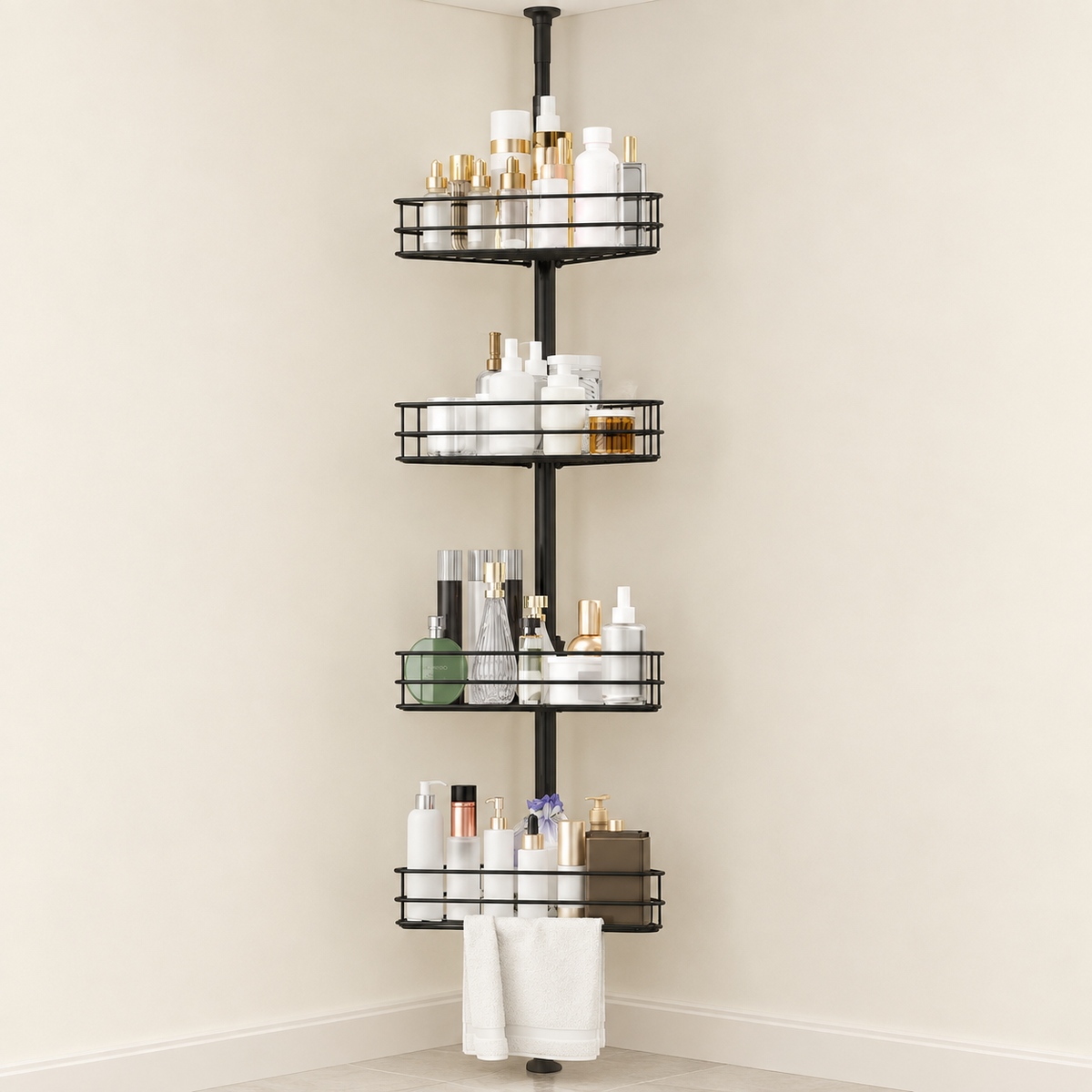 Corner shower caddy set of four stacked wire baskets holding toiletries