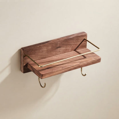 Brown solid wood floating shelf with gold-tone rail and two hanging hooks