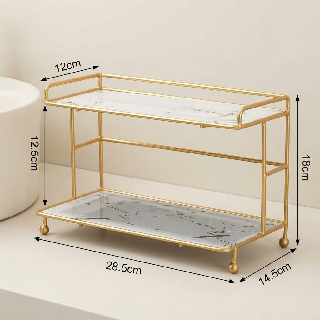 2-tier bathroom countertop organizer dimensions: 28.5cm W, 14.5cm D, 18cm H