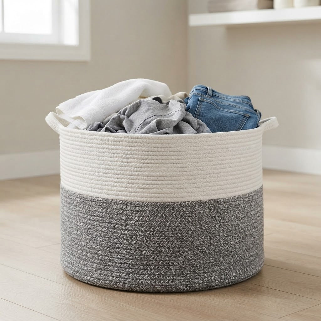 Foldable woven cotton rope basket with rounded handles, white top and gray bottom.