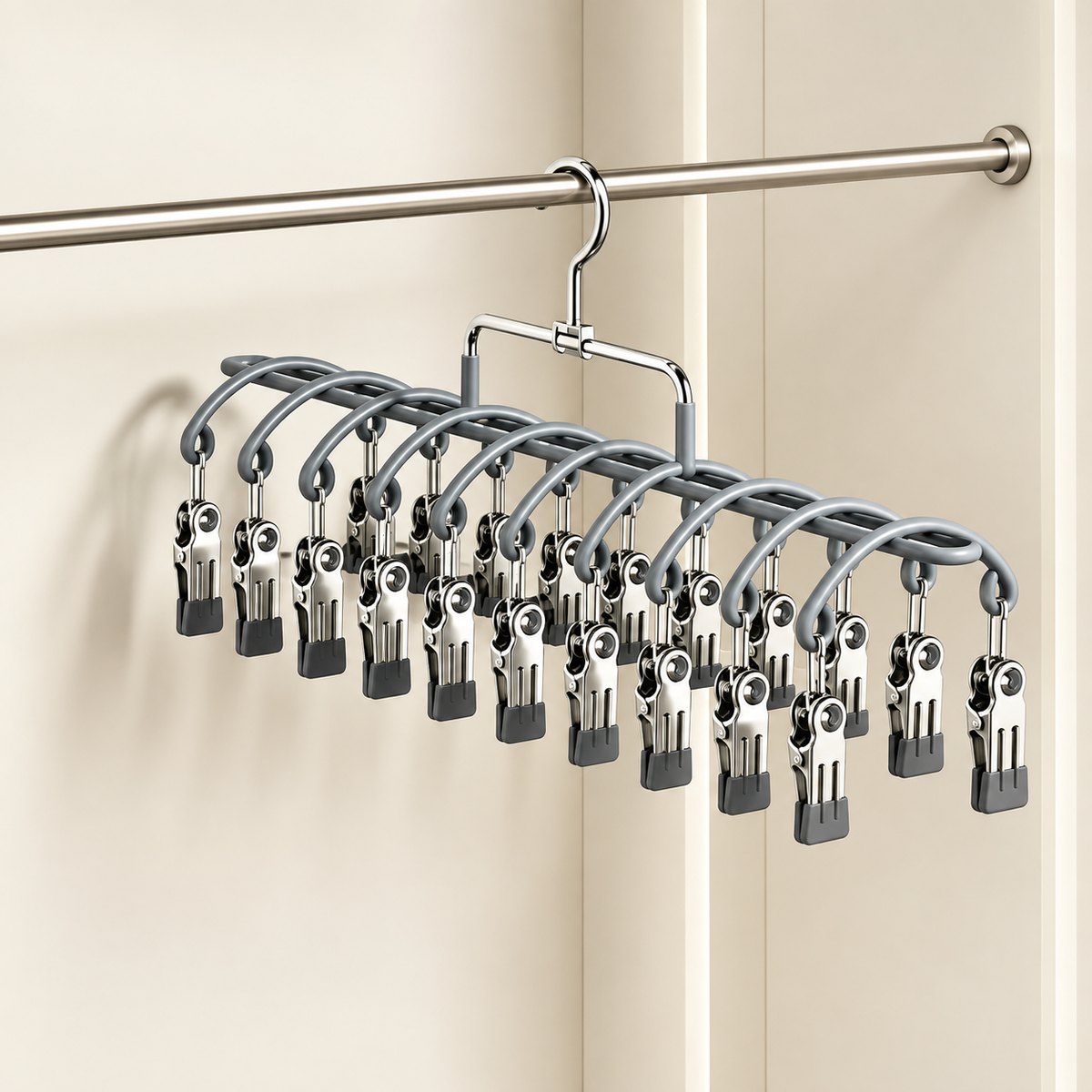 Zarno 10-tier multi-peg hanger with grey pegs and clips holding jeans