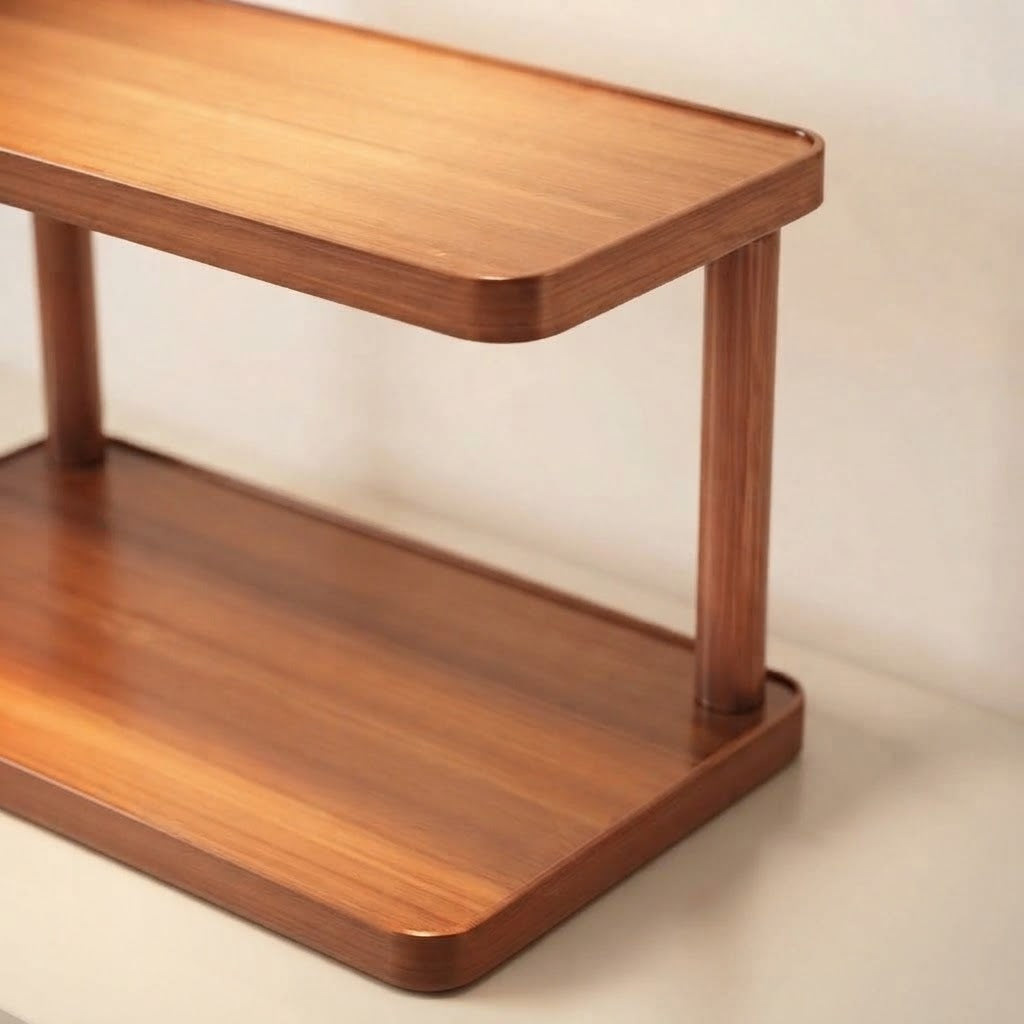 Light brown bamboo two-tier shelf showing square legs and smooth rounded shelf edges.