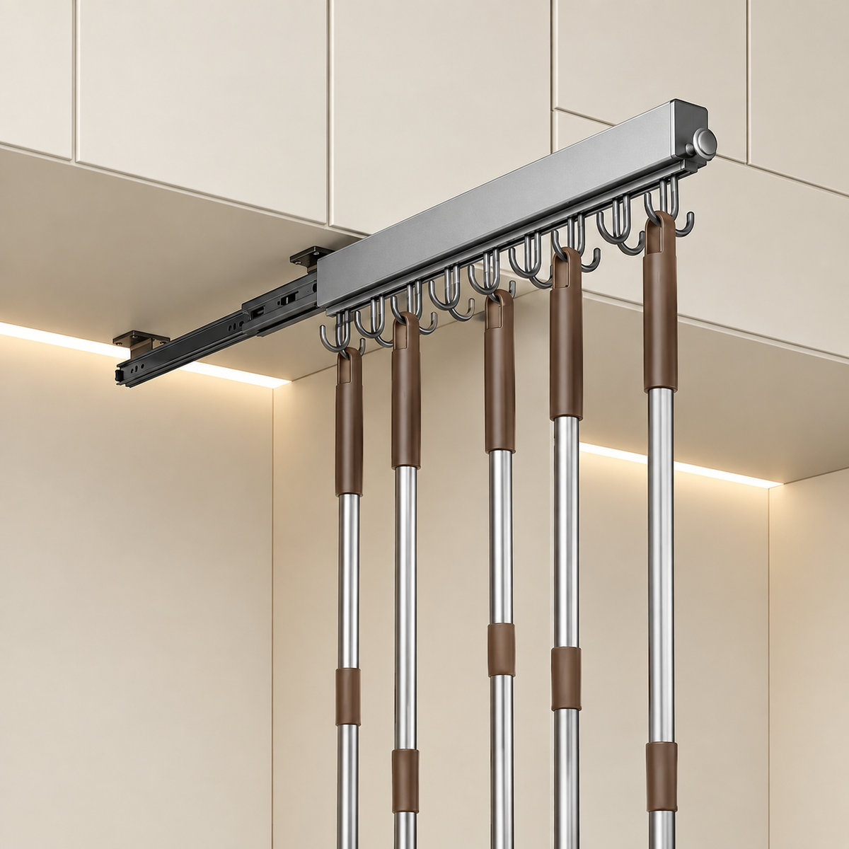Grey pull-out hook rail with metal-and-brown rods and curved hanging hooks