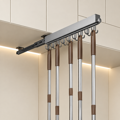 Grey pull-out hook rail with metal-and-brown rods and curved hanging hooks
