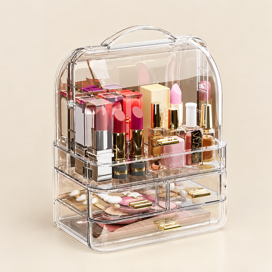 Multi-tier lidded makeup organizer with clear drawers and hinged top, transparent body