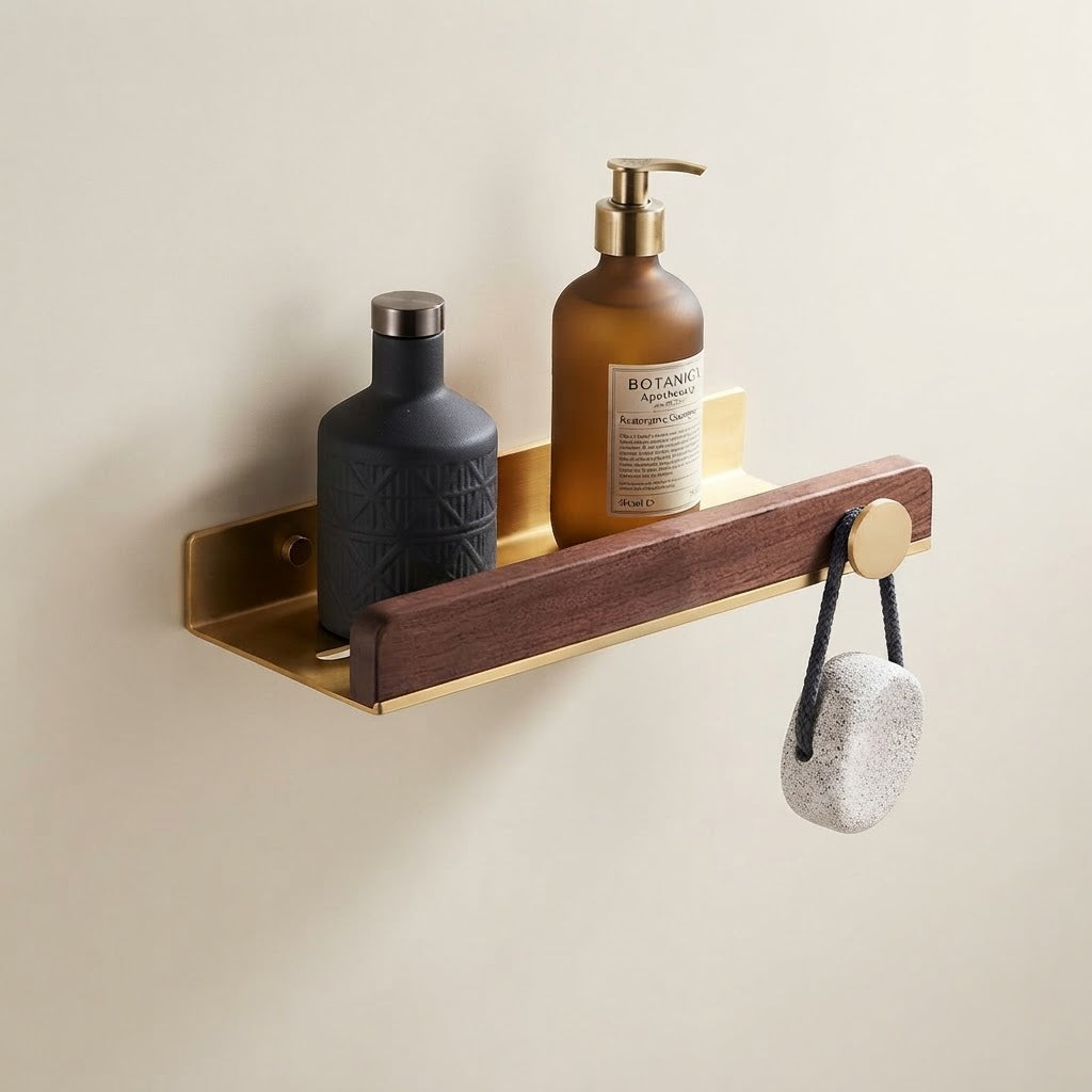 Walnut wood floating bathroom shelf with gold backboard and hanging towel hook