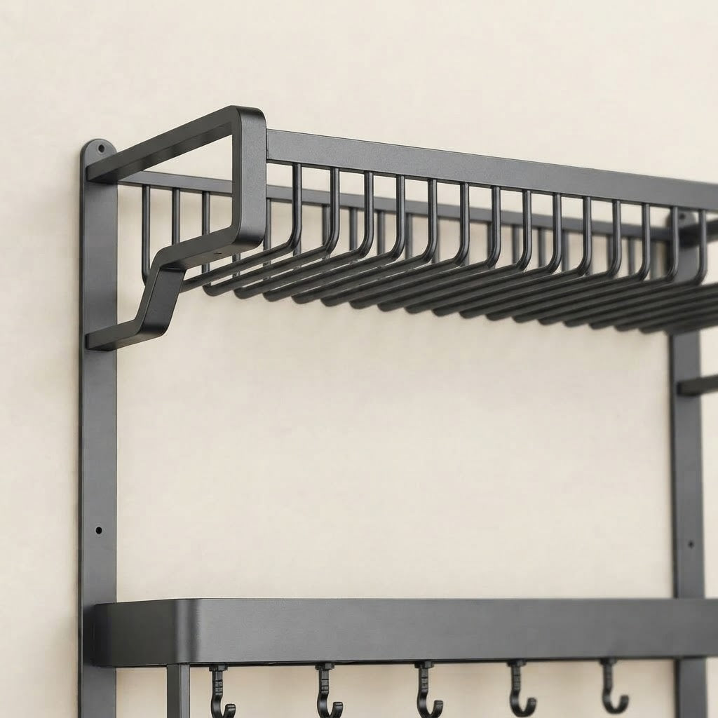 Wall-mounted aluminum shelf close-up with towel bar and slotted drying rack, dark gray