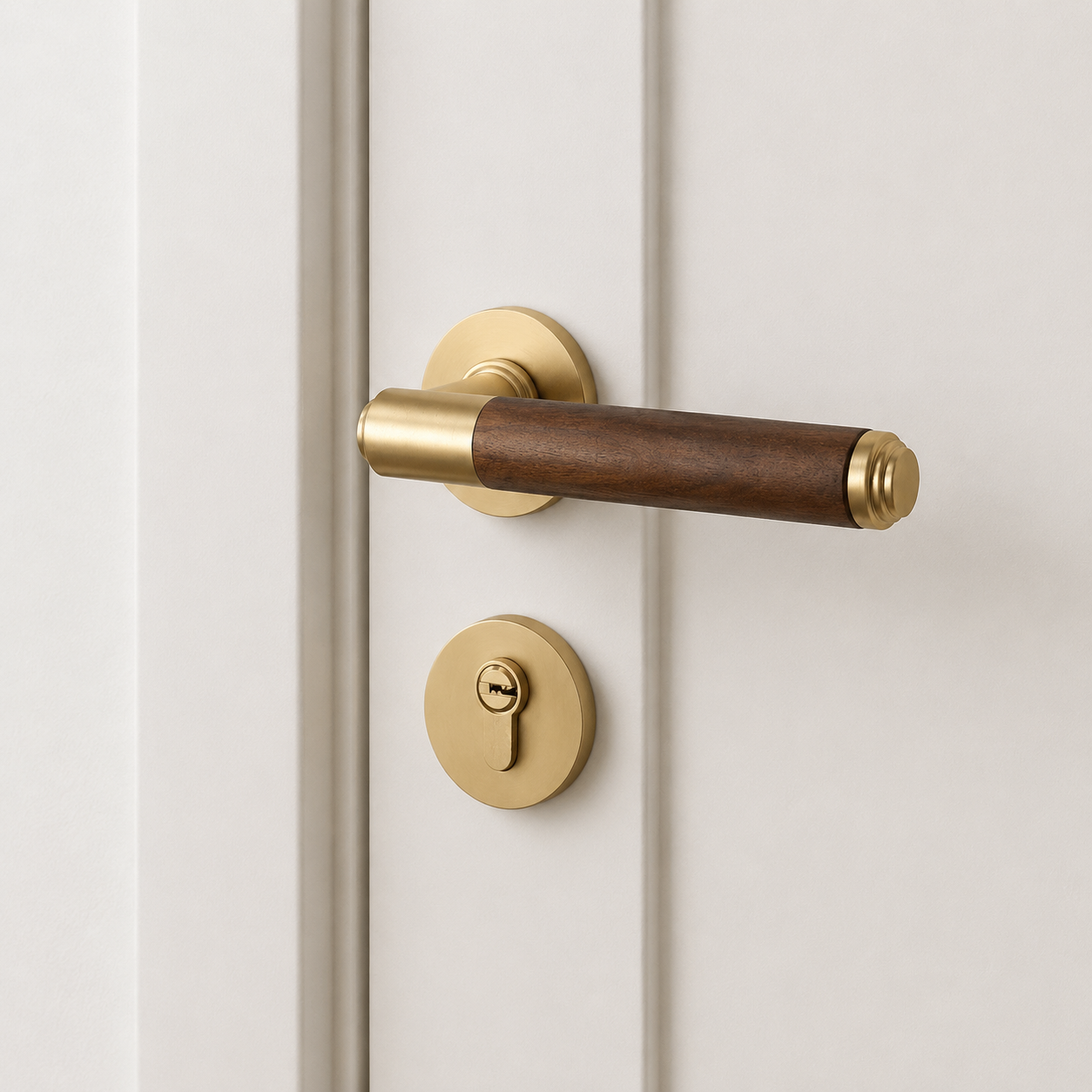 Retro split door lock handle on door with walnut lever and brass backplate roses
