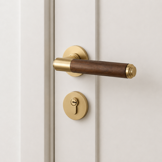 Retro split door lock handle on door with walnut lever and brass backplate roses