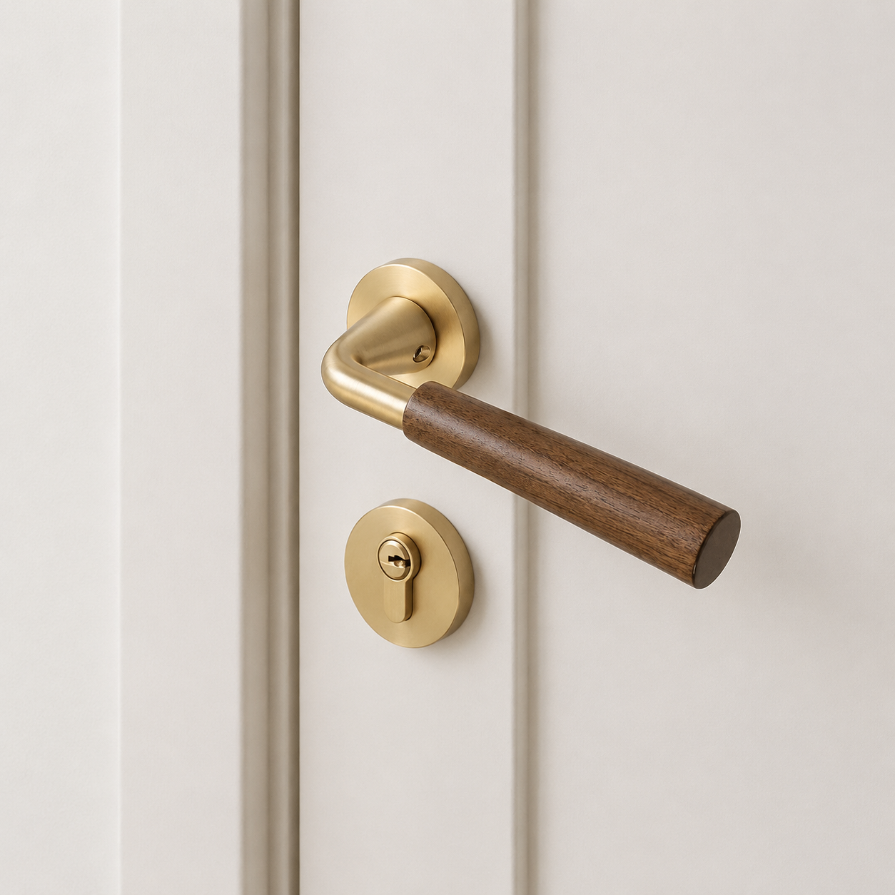 Retro split door lock handle with walnut lever and brass round outside roses