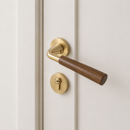 Retro split door lock handle with walnut lever and brass round outside roses