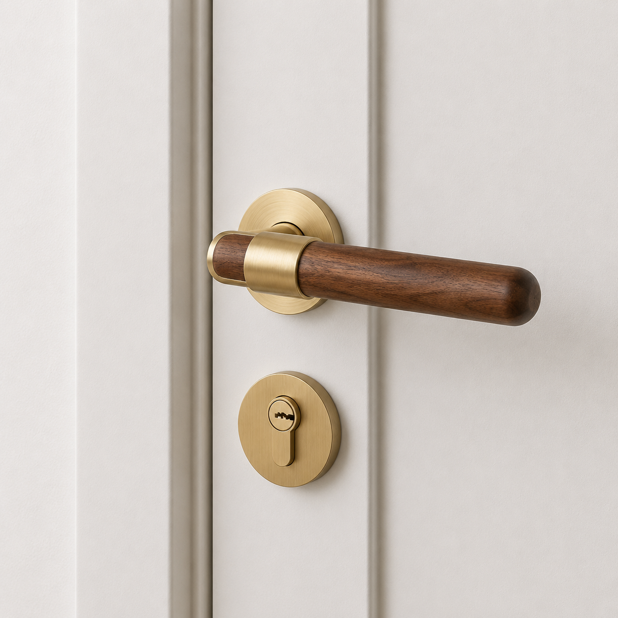 Retro split door lock handle with walnut lever and brass round rose