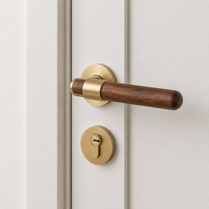 Retro split door lock handle with walnut lever and brass round rose