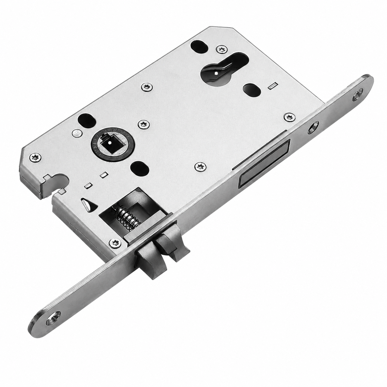 Split door lock mechanism plate with black components and brushed metal body