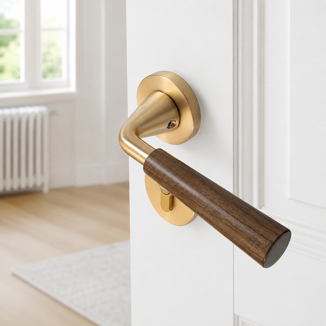 Retro door lock handle with walnut lever and brass outside rose, key cylinder visible