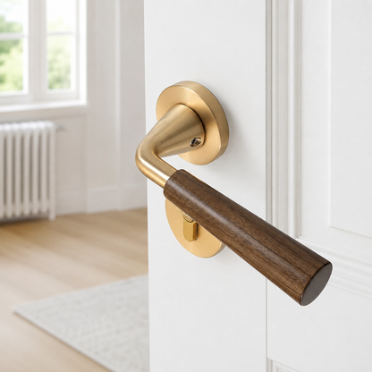Retro door lock handle with walnut lever and brass outside rose, key cylinder visible