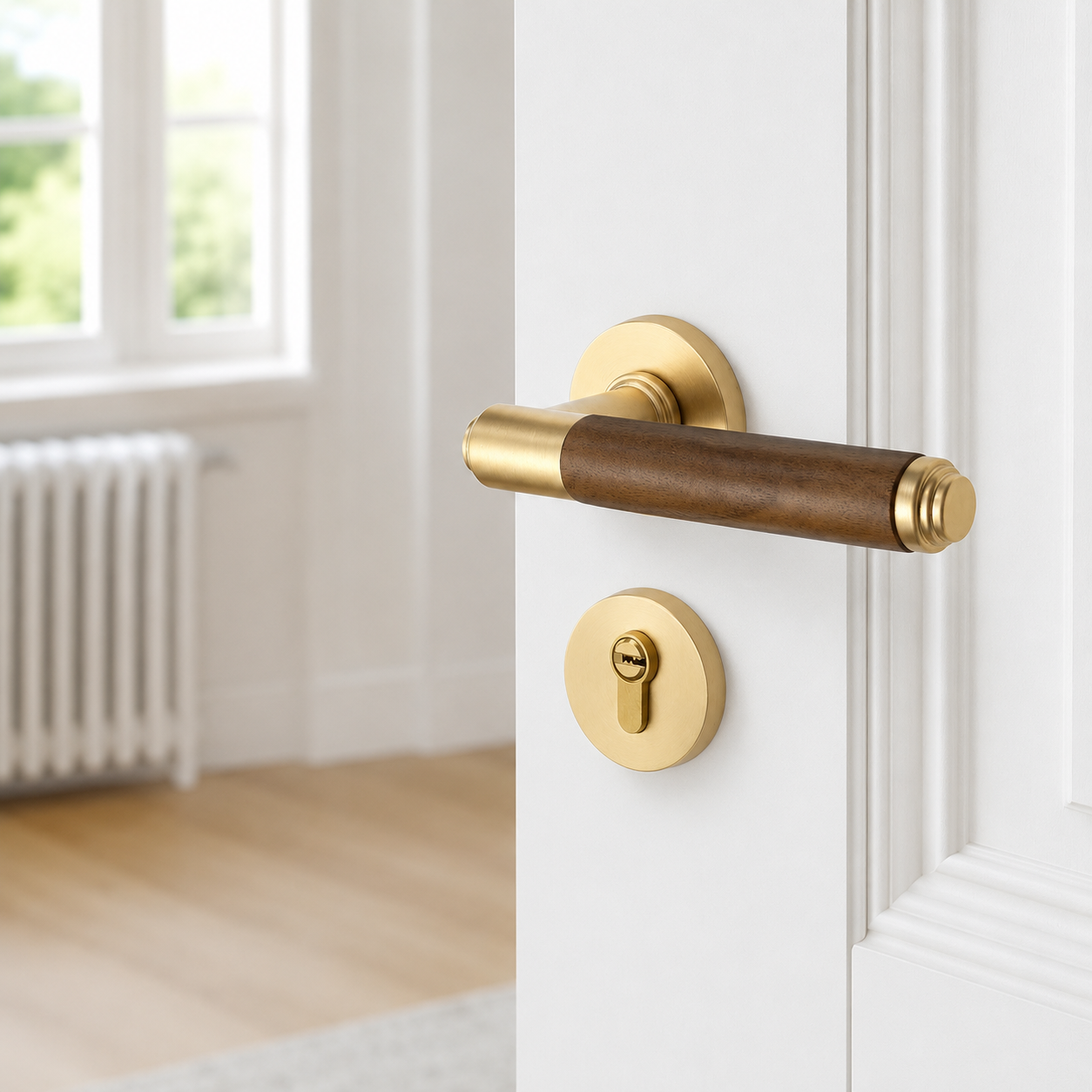 Retro split door lock handle with walnut lever and brass round interior escutcheon
