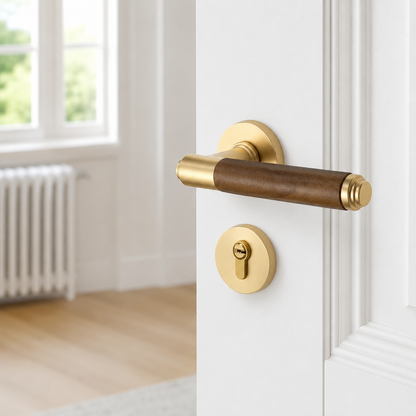 Retro split door lock handle with walnut lever and brass round interior escutcheon