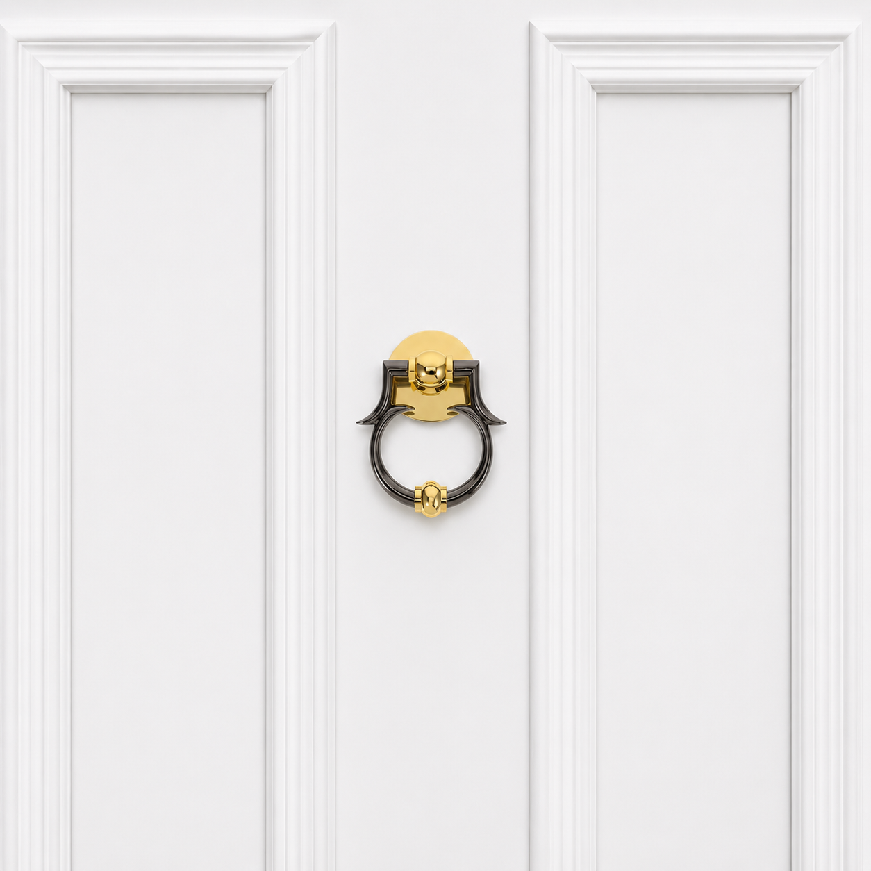 Brass and dark ring door knocker on a white paneled door