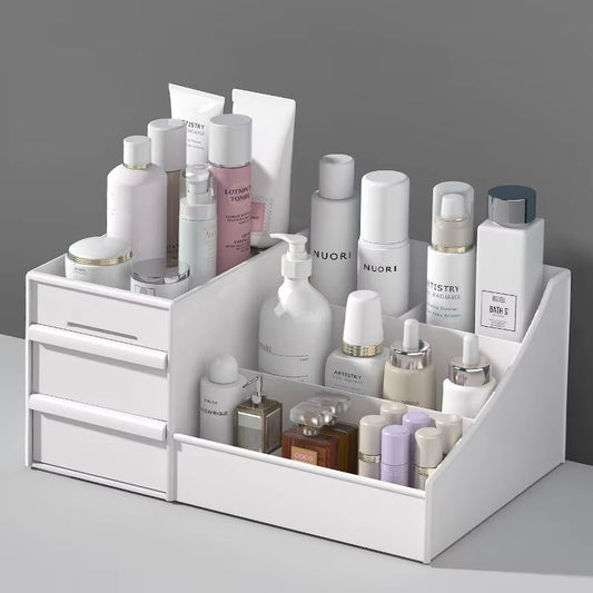 White stepped desk makeup organizer with drawers and angled compartments