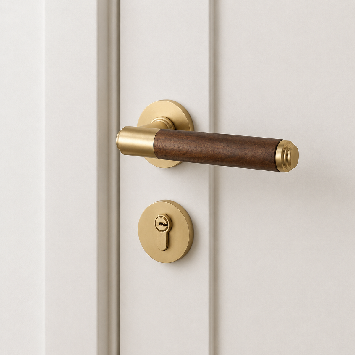 Retro split door lock handle on door with walnut lever and brass backplate roses