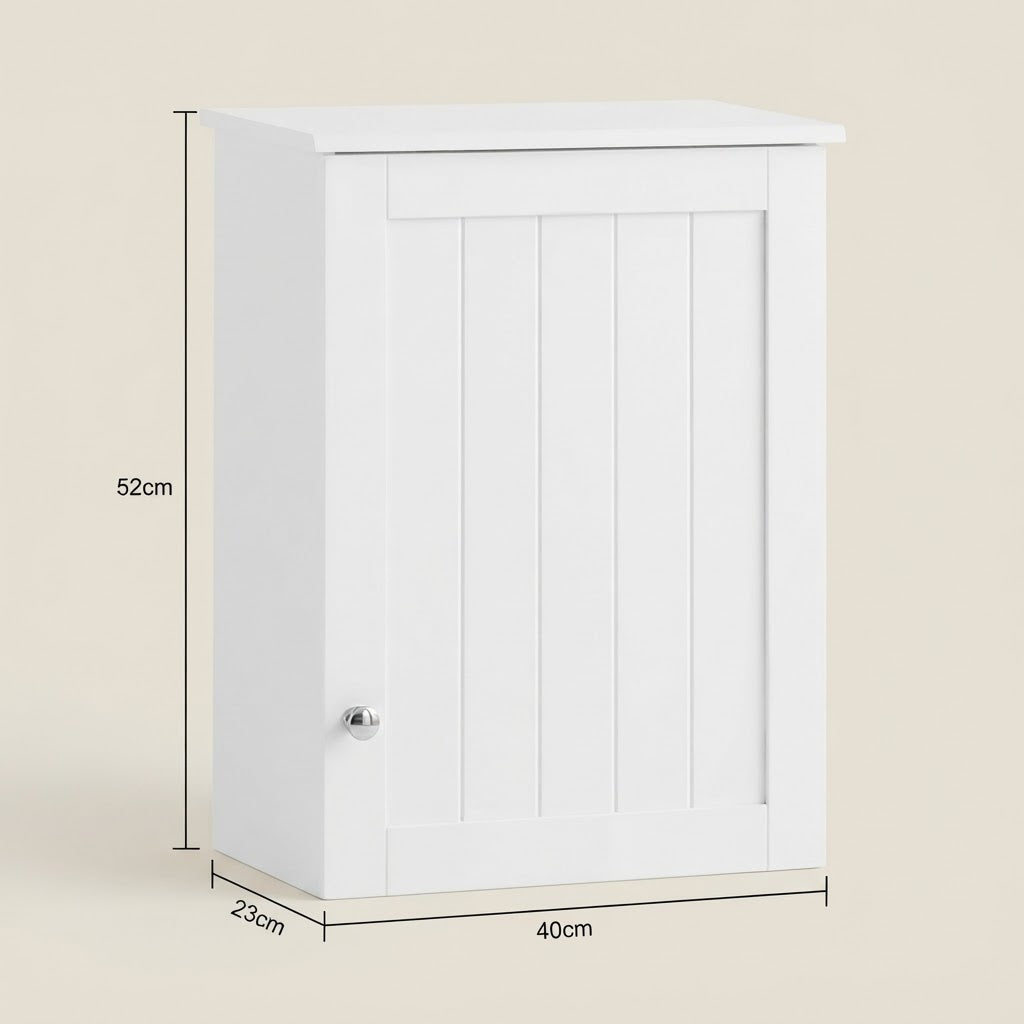 White single-door wall cabinet dimensions: 52cm H, 40cm W, 23cm D