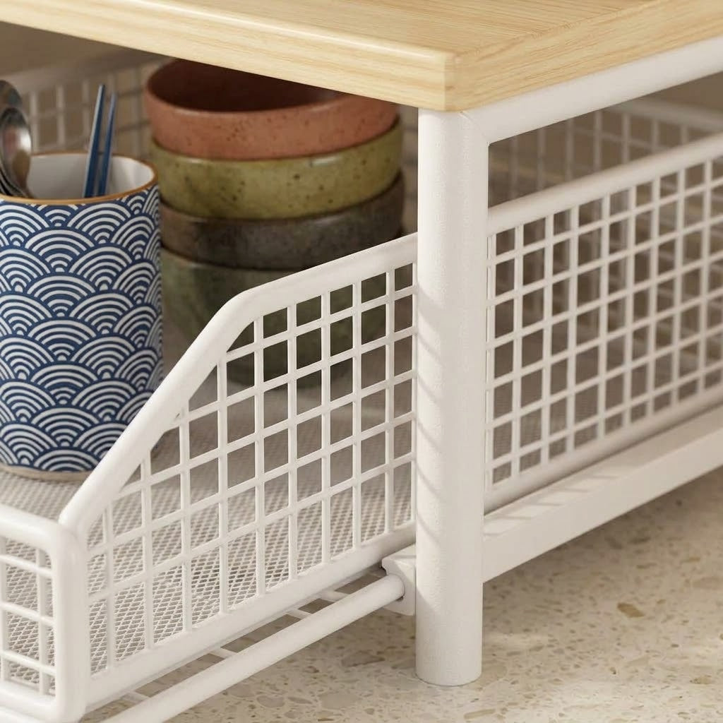 White wire pull-out basket rack with wooden top and storage grid sides